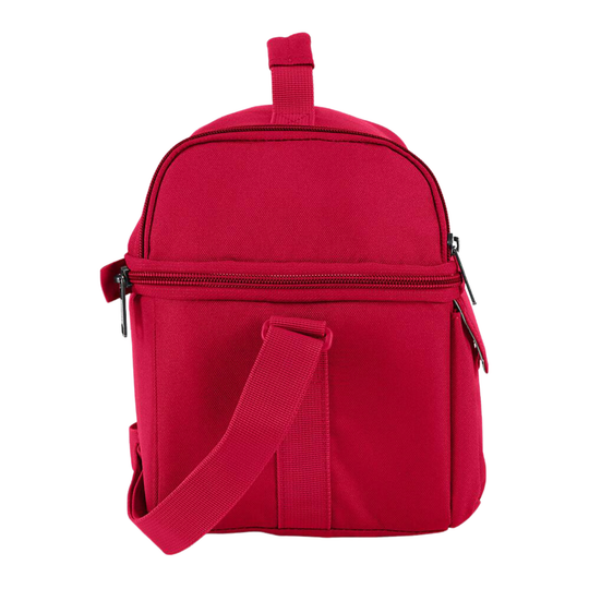 A bright red insulated lunch bag with a top handle, a front zippered compartment, a detachable shoulder strap, and side zipper pockets, shown on a plain white background.