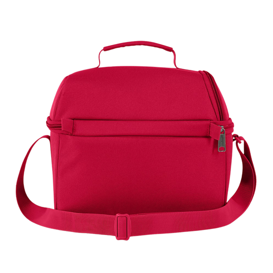 A bright red soft-sided shoulder bag with a top handle, front zip pocket, and adjustable shoulder strap, shown on a plain white background.