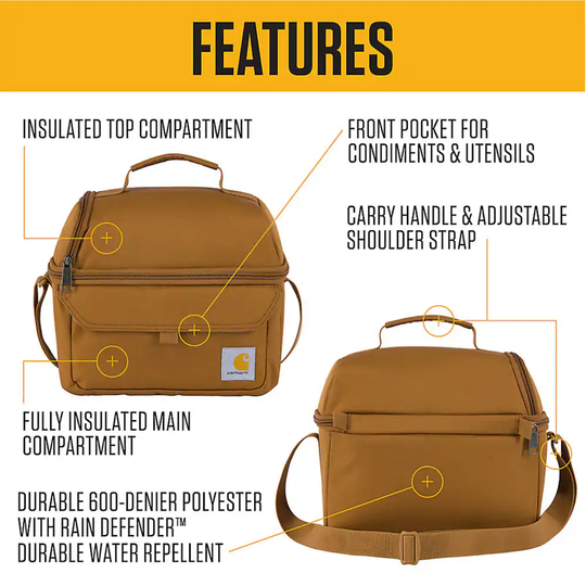 A tan insulated lunch bag shown from two angles on a white background with a yellow header reading FEATURES. Callout lines identify features such as an insulated top compartment, front pocket for condiments and utensils, carry handle and adjustable shoulder strap, fully insulated main compartment, and durable 600-denier polyester with rain defender water repellent.