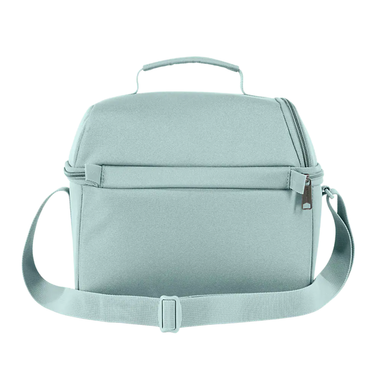 A light mint green fabric camera bag with a top handle, front zippered pocket, and an adjustable shoulder strap, shown against a plain white background.