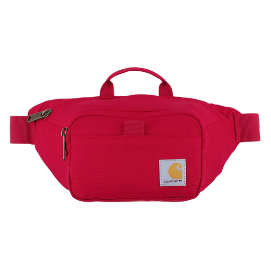 A bright red Carhartt waist bag with a top handle, front zippered pocket, and adjustable side straps, shown against a plain white background.
