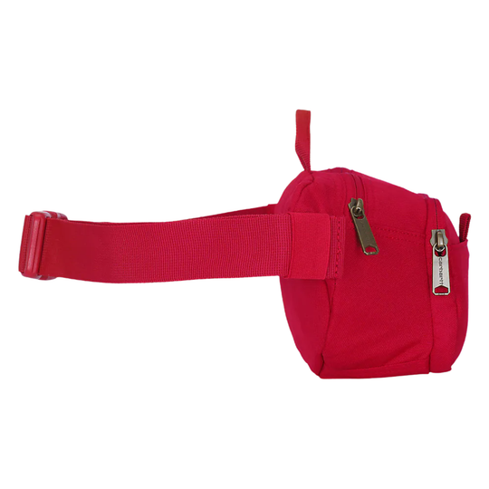 A red waist bag with an adjustable elastic strap and dual zipper pockets, shown against a plain white background.