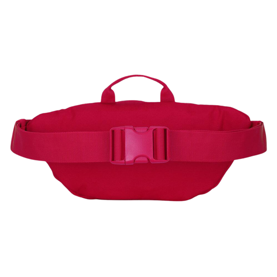 A bright red waist bag with an adjustable webbing strap and a matching plastic buckle, shown against a plain white background.
