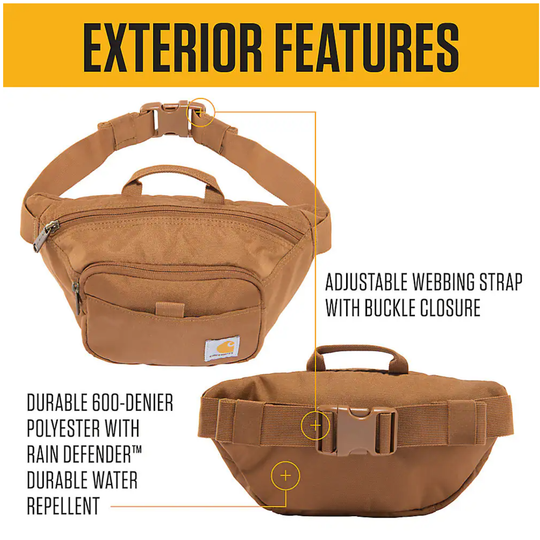 A tan waist bag shown from two angles on a white background with a yellow header reading 'EXTERIOR FEATURES.' Text highlights adjustable webbing strap with buckle closure and durable 600-denier polyester with rain defender water repellent.