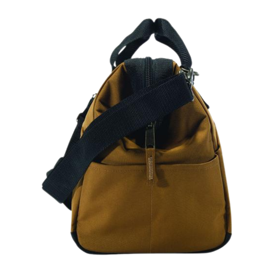 A brown canvas shoulder bag with a black webbing strap and black trim, shown against a plain white background.