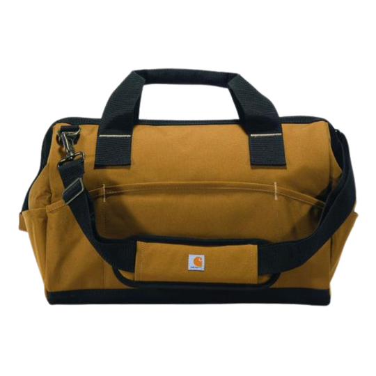 A Carhartt tool duffel bag in a classic mustard yellow canvas with black webbing handles, a black shoulder strap, and a black bottom base. The Carhartt logo is visible on the front pocket.