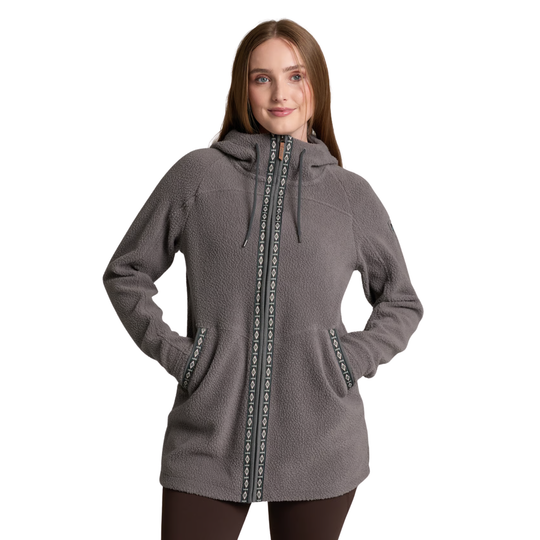 A woman modeling a gray fleece hooded pullover jacket with a decorative vertical zipper and matching drawstrings, shown against a plain white background.