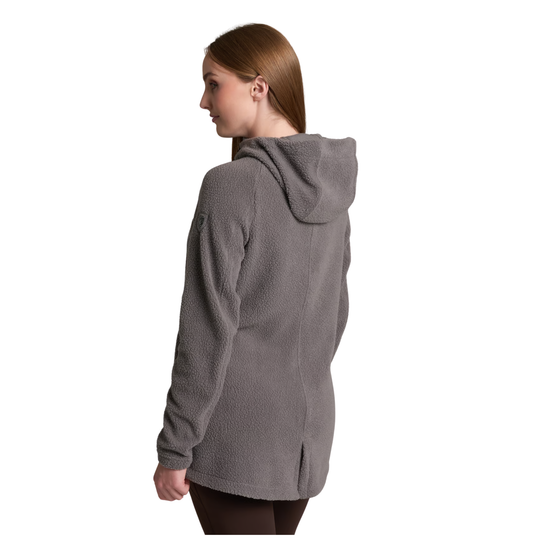A woman shown from the back wearing a gray hooded fleece jacket against a plain white background.