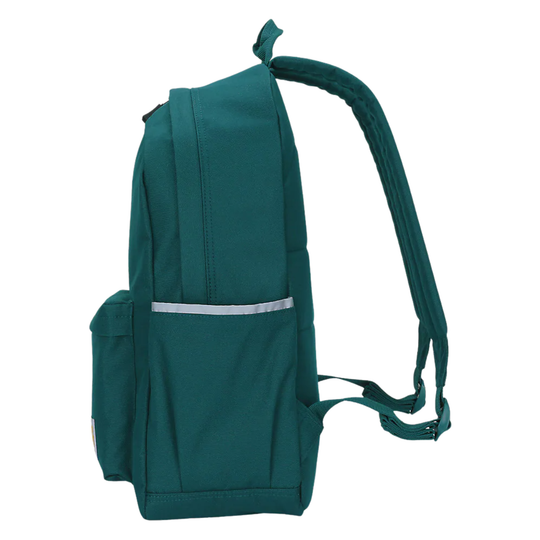 A dark teal green backpack shown from a side profile view, featuring a front pocket with a reflective silver stripe and a padded shoulder strap, set against a plain white background.