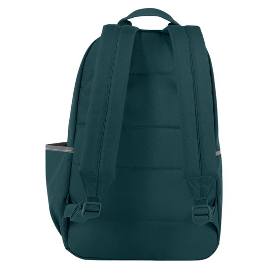 A dark teal green backpack shown from the back, featuring padded shoulder straps, a top carry handle, side pockets with zipper closures, and plastic buckle details, set against a plain white background.