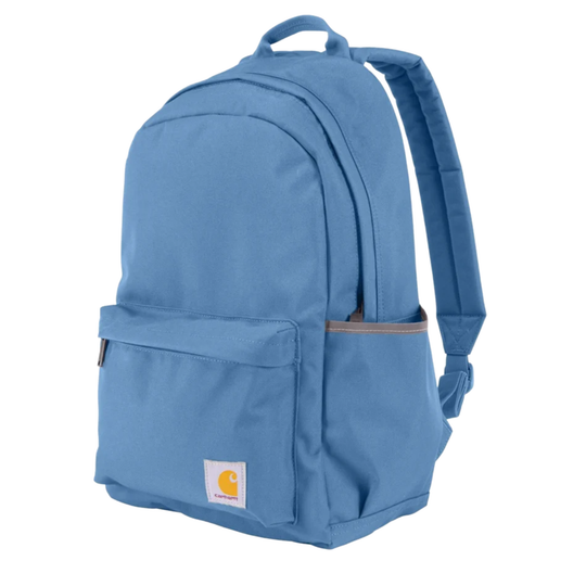 A light blue Carhartt backpack with a front utility pocket, side pocket, top carry handle, and adjustable padded shoulder straps, shown on a plain white background.