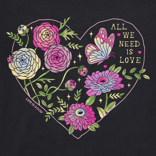 Floral heart design with 'All We Need Is Love' text on a black background