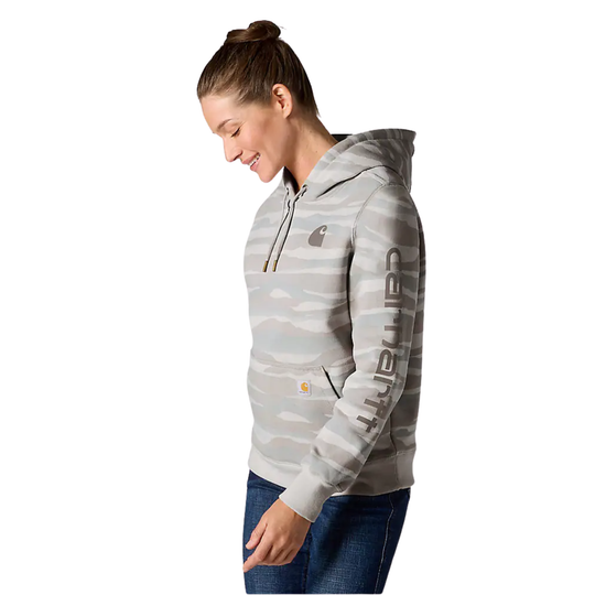 A woman wearing a light gray and white camouflage hoodie with 'Carhartt' printed vertically on the sleeve, shown in profile against a white background.