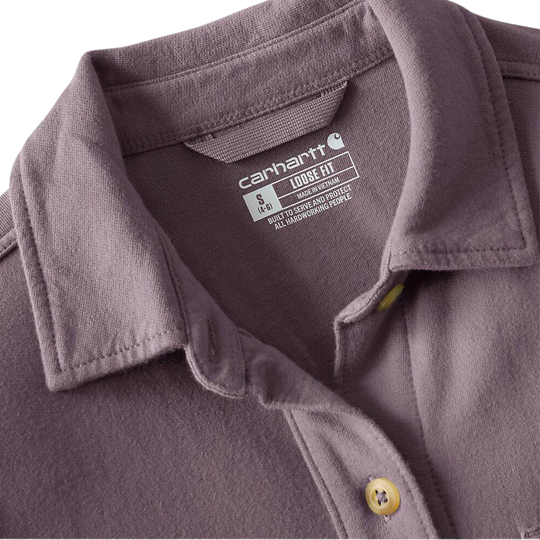 Close-up of a Carhartt button-up shirt collar and upper chest area, showing the interior neck label that reads 'Carhartt' and 'Loose Fit' in a muted mauve-gray color.