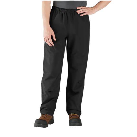 Black wide-leg work pants shown on a model from the waist down, paired with brown work boots against a plain white background.