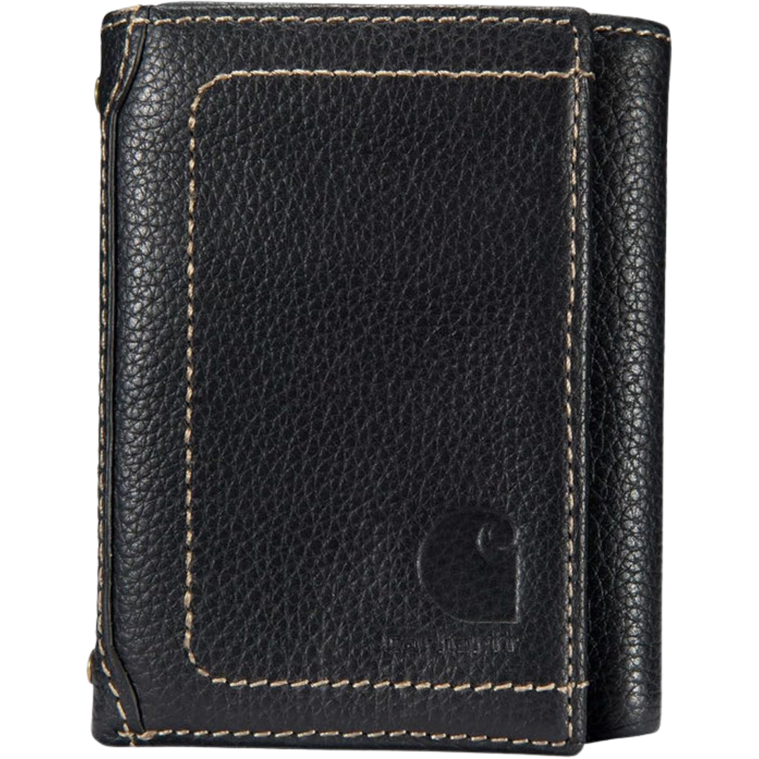 Black Carhartt pebble leather trifold wallet with contrast stitching