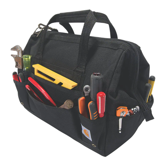 A black Carhartt tool bag filled with various hand tools, shown on a solid white background.