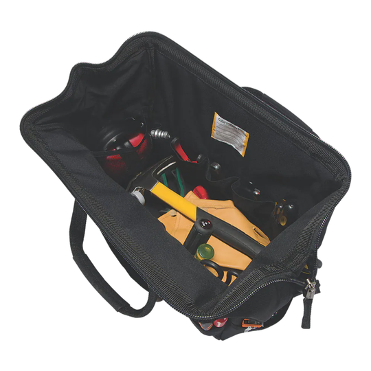 A black Carhartt tool bag filled with various hand tools, shown on a solid white background.