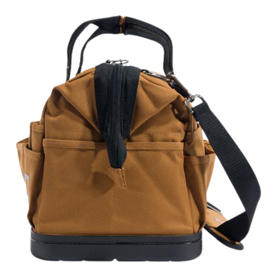 Brown tool bag with black straps on a white background