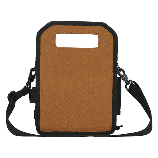 Back of brown and black bag on a white background