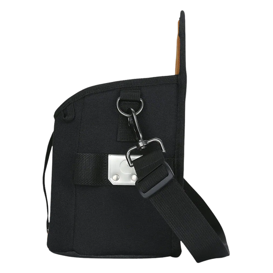 A black tactical shoulder bag with multiple vertical elastic loops, a black webbed shoulder strap attached via metal clips, and a tall side tab, shown on a plain white background.
