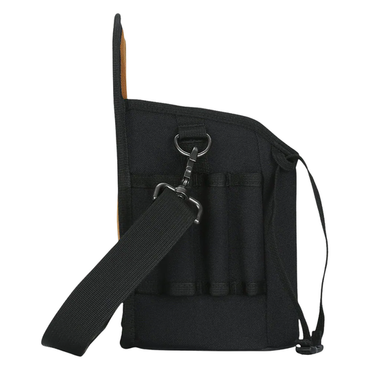 A black tactical shoulder bag with multiple vertical elastic loops, a black webbed shoulder strap attached via metal clips, and a tall side tab, shown on a plain white background.