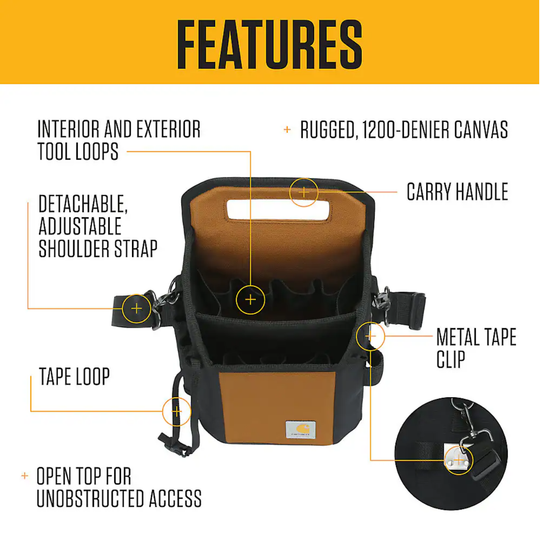 A product features infographic for a tool bag, showing a black and brown canvas bag with callout lines and text labels pointing to interior and exterior tool loops, a detachable adjustable shoulder strap, tape loop, carry handle, metal tape clip, and open top access, on a white background with a yellow header.