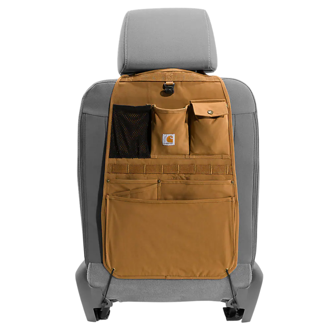 Carhartt Universal Nylon Duck Seat Organizer - Carhartt Brown on a grey car seat on a white background