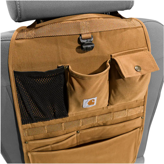 Carhartt Universal Nylon Duck Seat Organizer - Carhartt Brown on a grey car seat on a white background
