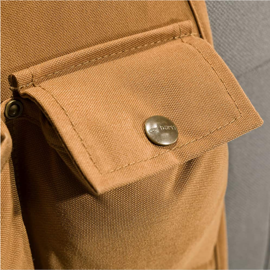 Carhartt Universal Nylon Duck Seat Organizer - Carhartt Brown zoomed on snap button pocket