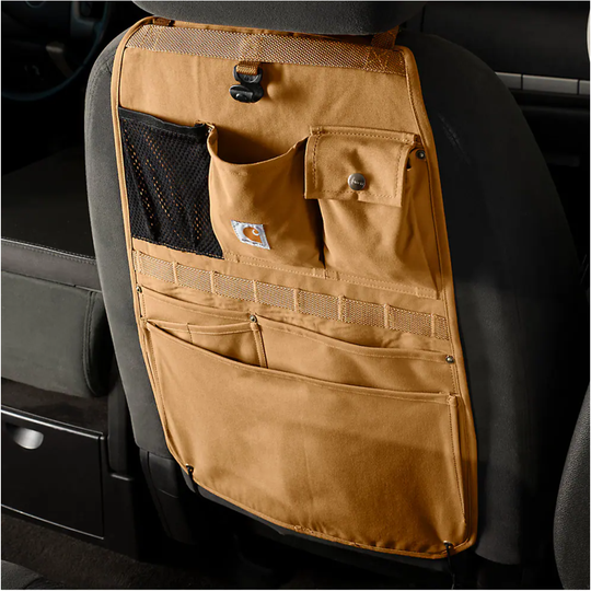 Carhartt Universal Nylon Duck Seat Organizer - Carhartt Brown on a grey car seat on a white background