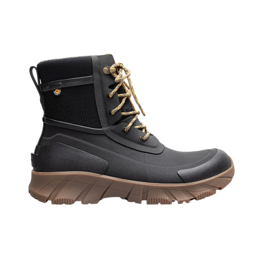 A single mid-calf waterproof boot in black with tan laces and a brown sole, shown in a side profile on a white background.