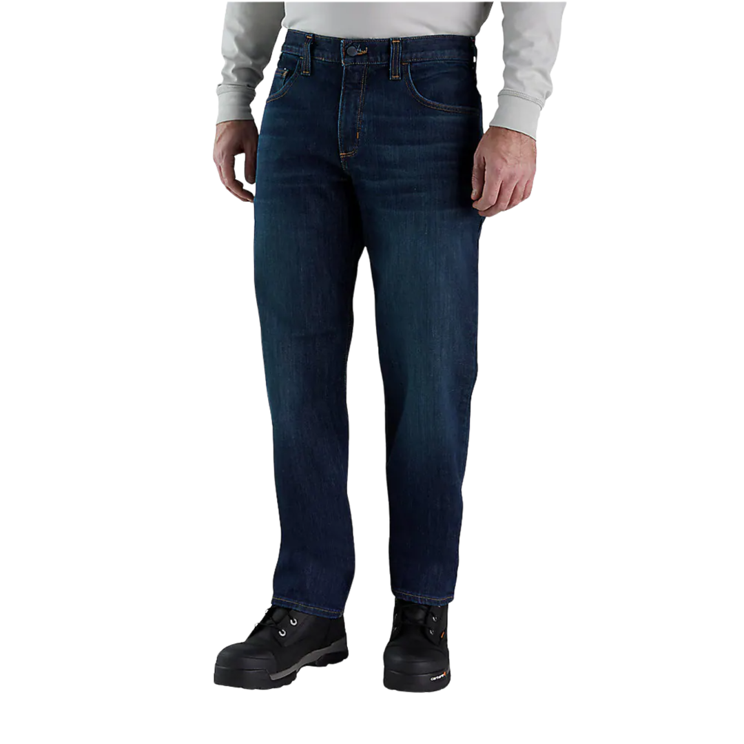Carhartt Men's Flame Resistant Relaxed Straight Rugged Flex Jean - Midnight Indigo on a white background