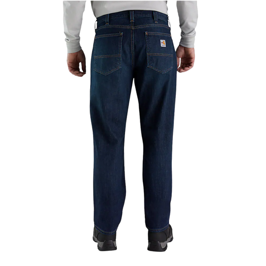 Back of Carhartt Men's Flame Resistant Relaxed Straight Rugged Flex Jean - Midnight Indigo on a white background