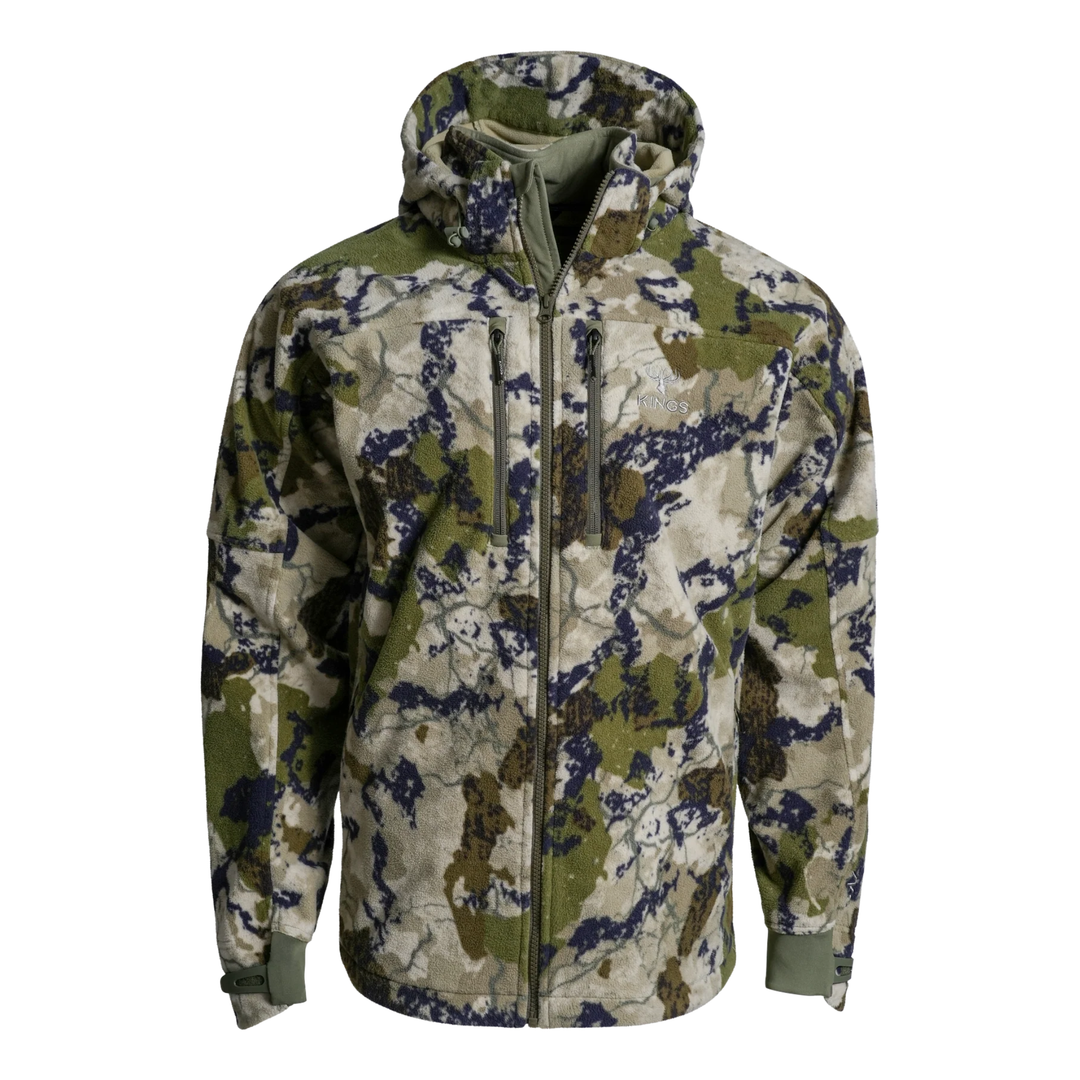 A hooded zip-up jacket in a digital camouflage pattern featuring olive green, beige, and dark navy/black shapes, shown on a plain white background.