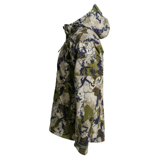 A hooded zip-up jacket in a digital camouflage pattern featuring olive green, beige, and dark navy/black shapes, shown on a plain white background.