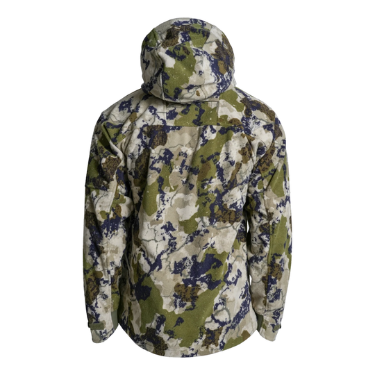 A hooded zip-up jacket in a digital camouflage pattern featuring olive green, beige, and dark navy/black shapes, shown on a plain white background.
