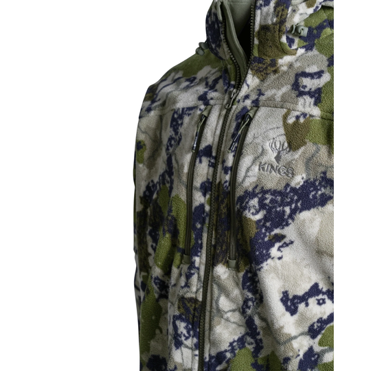 A hooded zip-up jacket in a digital camouflage pattern featuring olive green, beige, and dark navy/black shapes, shown on a plain white background.