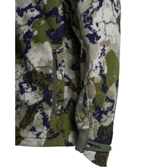 A hooded zip-up jacket in a digital camouflage pattern featuring olive green, beige, and dark navy/black shapes, shown on a plain white background.