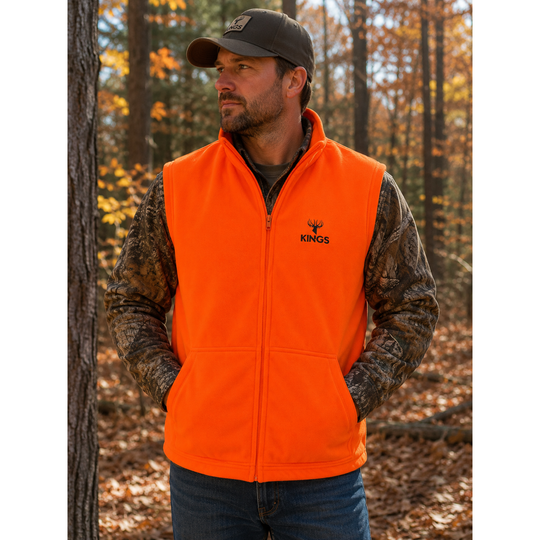 Man in the woods wearing a Kings Men's Blaze Full Zip Poly Vest - Blaze Orange
