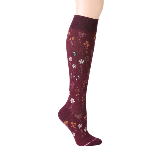 Dr. Motion Women's Alpine Garden Knee High Compression Socks - Dark Cherry on a plain white background