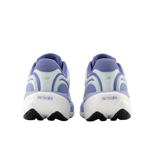 A pair of New Balance Infinity running shoes shown from the rear, featuring a light purple and white design with black outsole details, on a solid white background.
