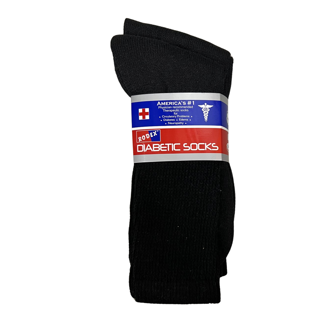 Rodex Men's Diabetic Crew Socks - Black on a plain white background