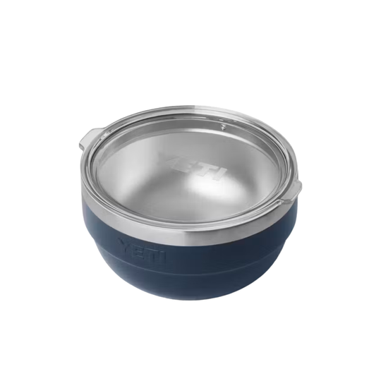 A YETI insulated tumbler bowl in navy blue with a brushed silver stainless steel interior and rim, shown on a clean white background.