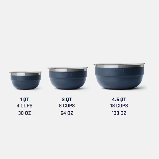 Set of three blue measuring bowls with volume indicators on a white background