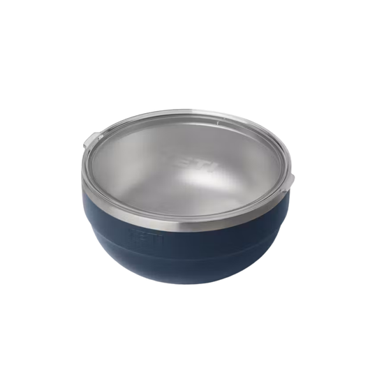 A blue and stainless steel Yeti travel bowl shown from a top-down angle on a white background.
