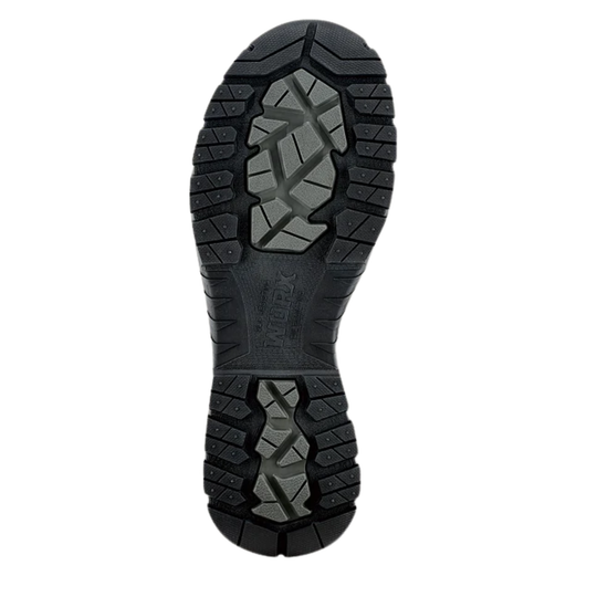 A top-down view of a black and gray rugged shoe sole, showing the tread pattern and embossed brand name on a plain white background.