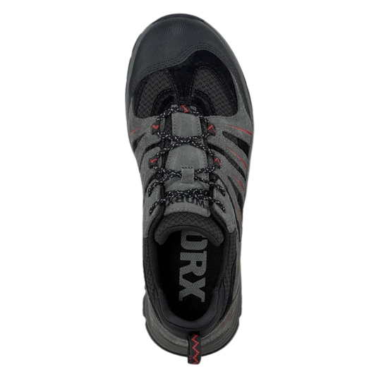A single gray and black outdoor hiking shoe shown from a top-down view on a plain white background. The shoe features gray synthetic overlays, black mesh panels, black laces, and small red accents on the laces and heel pull tab.