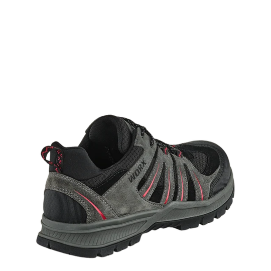 A gray and black Wook brand lace-up hiking shoe with red accent stitching, shown from a side-rear angle on a plain white background.