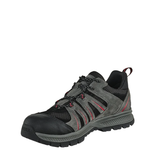 A single K-SHINE brand low-top hiking shoe in gray and black with red accents, shown from a three-quarters angle on a plain white background.